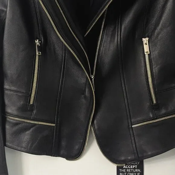 WHBM $500 GENUINE LEATHER Zipped Moto Jacket Black Soft 2 6 8 10 14 - Picture 4 of 6